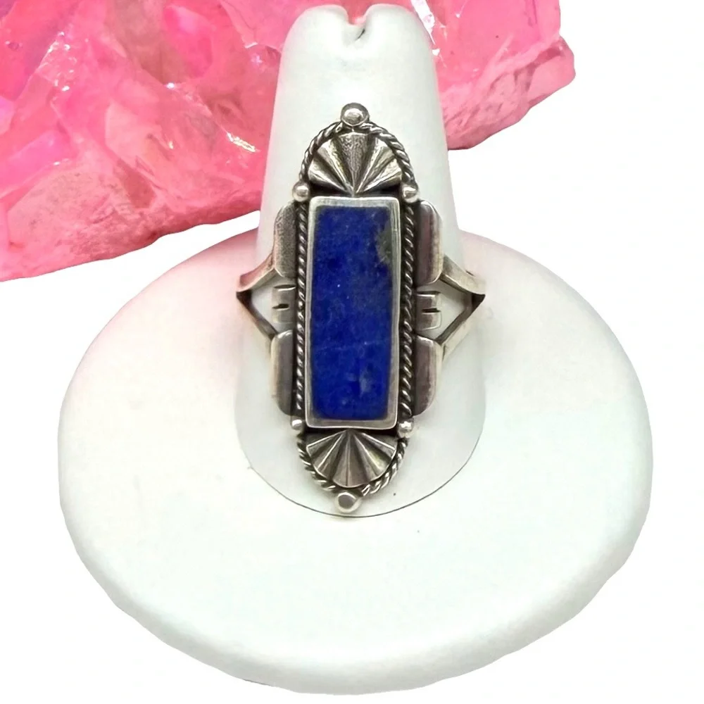 Lapis Lazuli Ring Size 9 Solid 925 Sterling Silver Art Deco Design Blue Stone - Picture 1 of 6